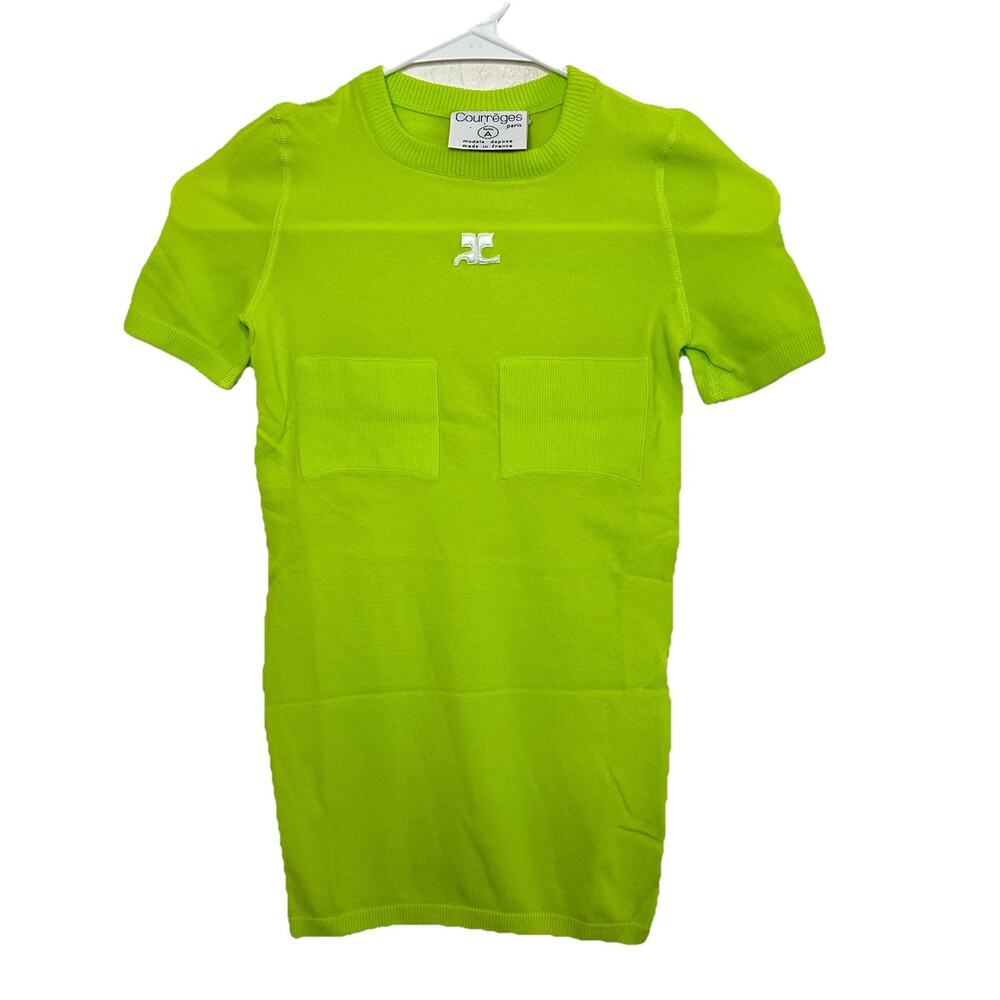 Vintage Courreges Logo Embroidered Long Rib Knit Lime Green Size Small Y2K J10